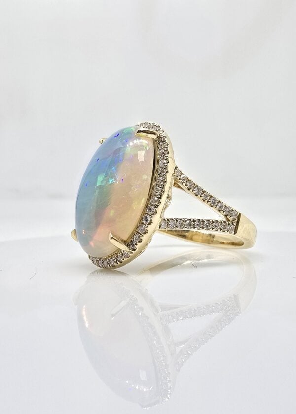 14K gold Ethiopian opal and diamond halo ring, view 2