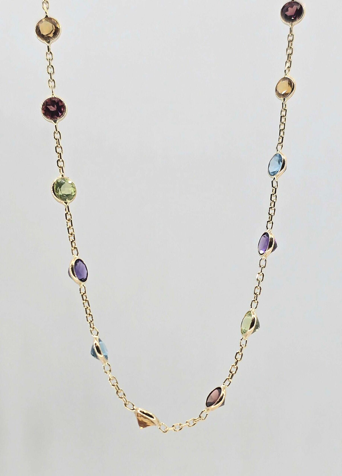 Pre-owned 14K gold multi-color gemstone bezel necklace