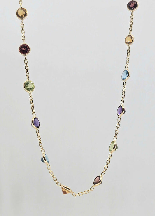 Pre-owned 14K gold multi-color gemstone bezel necklace