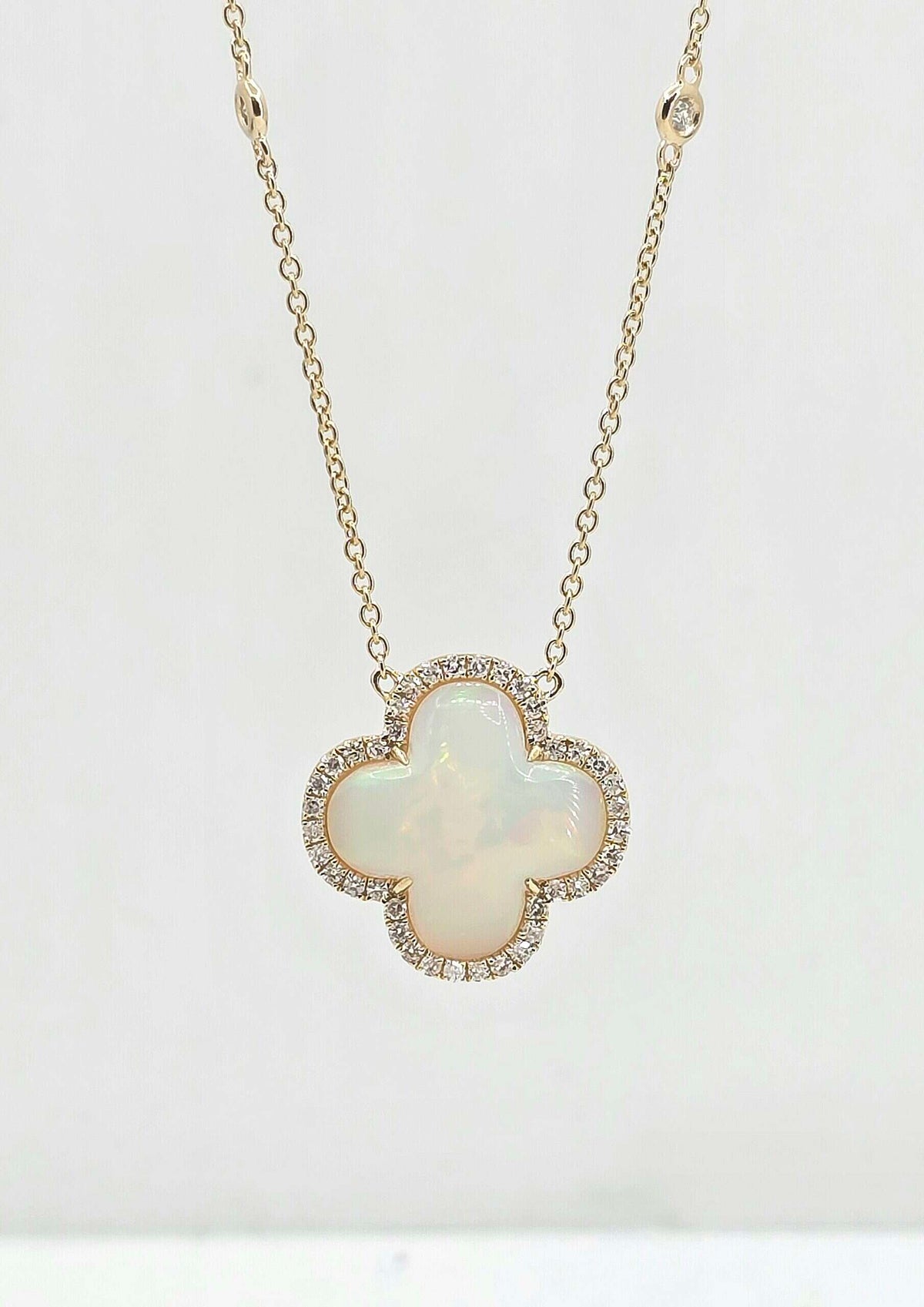 14K two-tone gold opal and diamond clover necklace
