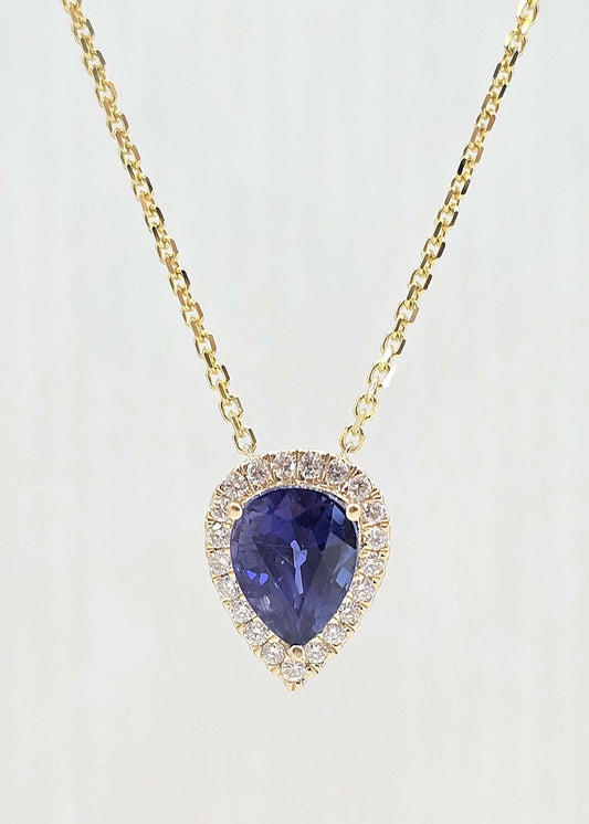 14K gold sapphire necklace with diamond halo