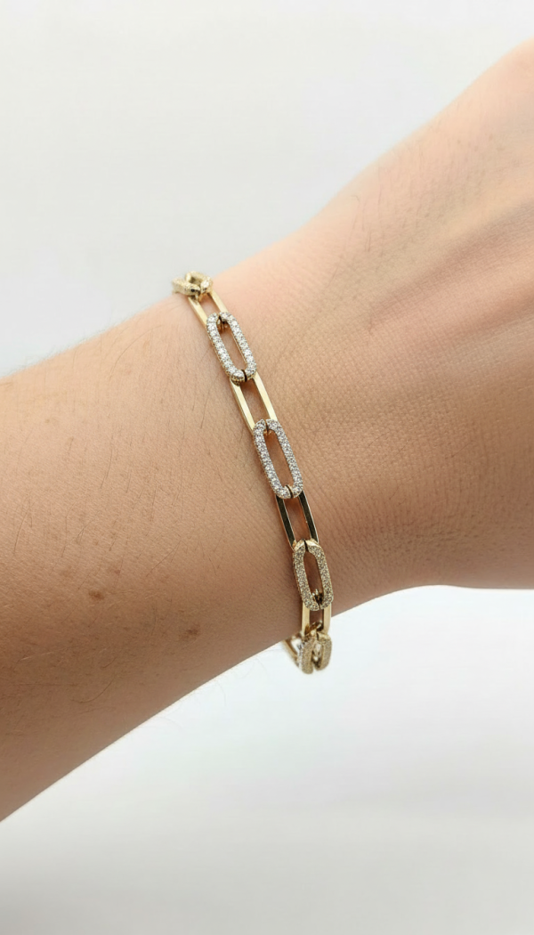 14K gold diamond paperclip bracelet, view 2