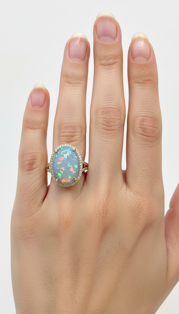 14K gold Ethiopian opal and diamond halo ring, view 4
