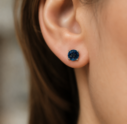 14K gold London blue topaz stud earrings, view 2