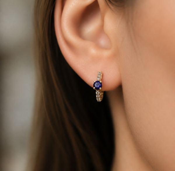 14K gold sapphire and diamond huggie earrings, view 4