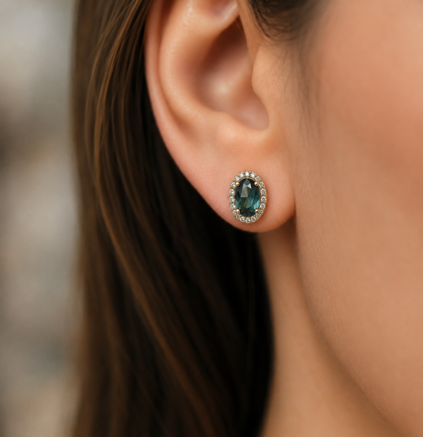 14K gold green tourmaline and diamond halo earrings, view 2