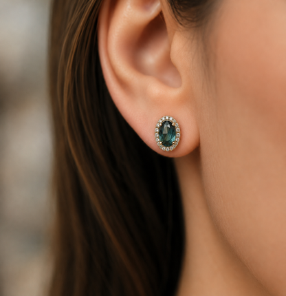 14K gold green tourmaline and diamond halo earrings, view 2
