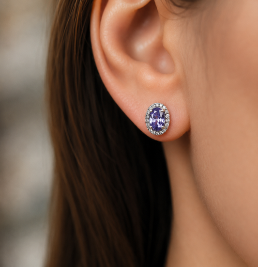 14K gold tanzanite and diamond halo earrings, view 2