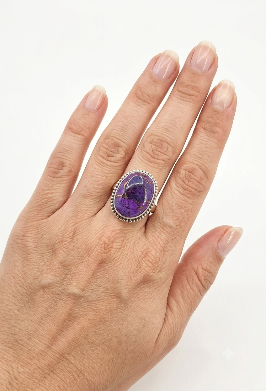 Sterling silver purple and copper turquoise ring, view 2