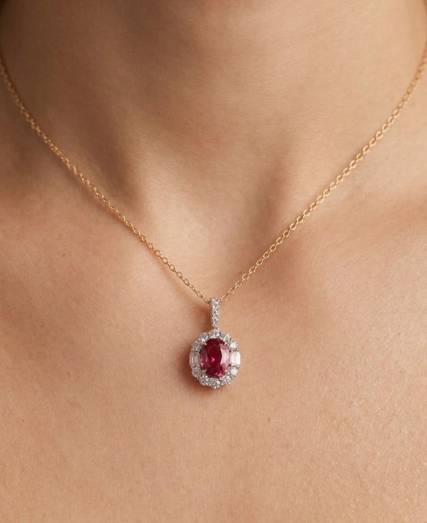 18K gold ruby and diamond halo necklace, view 2