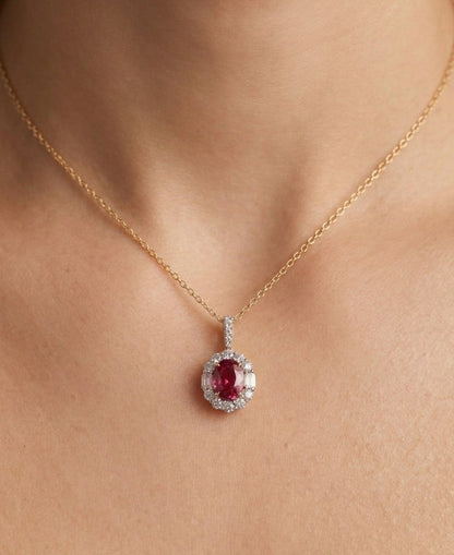 18K gold ruby and diamond halo necklace, view 2