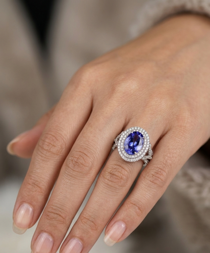 14K gold tanzanite ring with double diamond halo, view 2