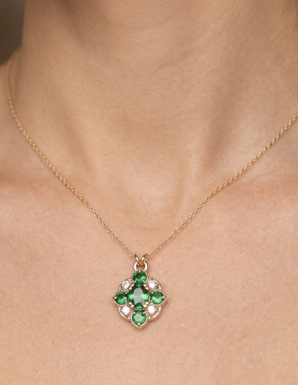 Custom 14K gold tsavorite and diamond necklace, view 3