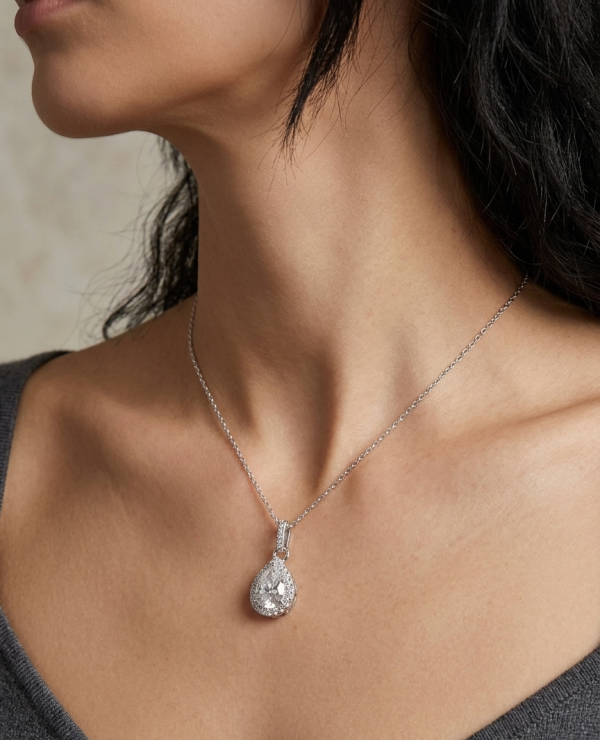 Sterling silver moissanite halo necklace, view 3