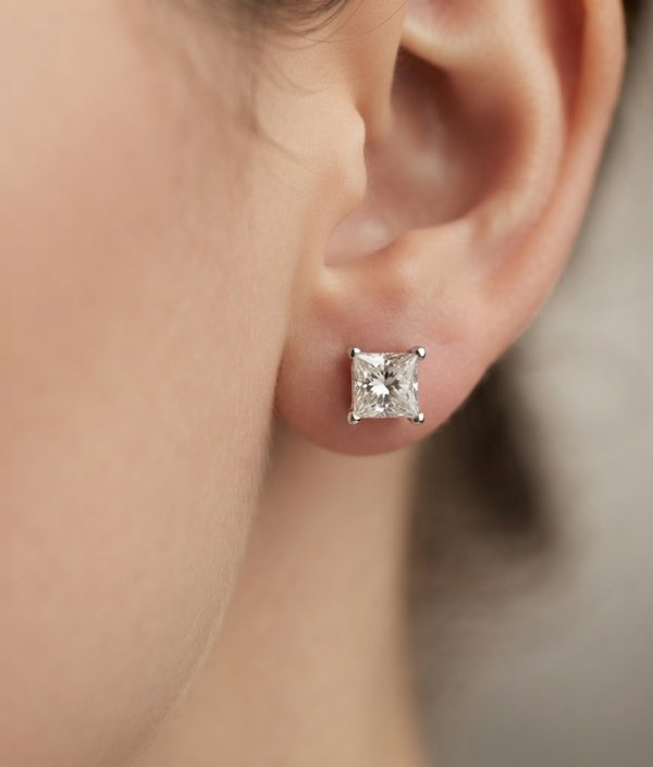 Pre-owned 14K gold princess cut diamond stud earrings, view 2