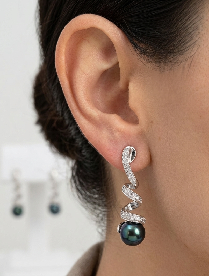 14K gold Tahitian pearl spiral earrings, view 2
