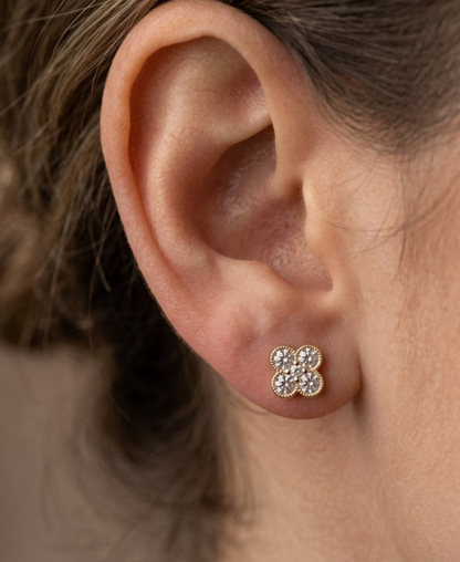14K gold diamond clover earrings, view 2
