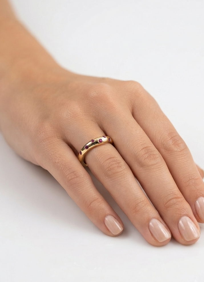 14K gold flush set ruby wave band, view 2