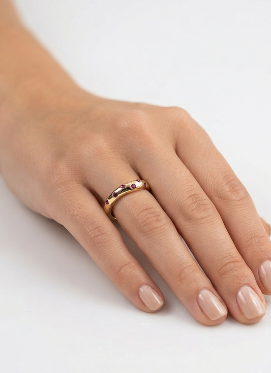 14K gold flush set ruby wave band, view 2