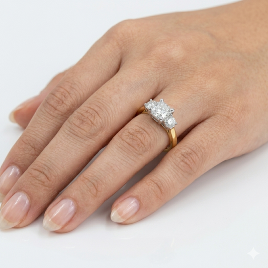 Pre-owned 14K gold cushion diamond three stone engagement ring, view 2