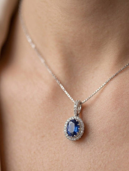 14K gold kyanite and scalloped diamond halo necklace, view 2