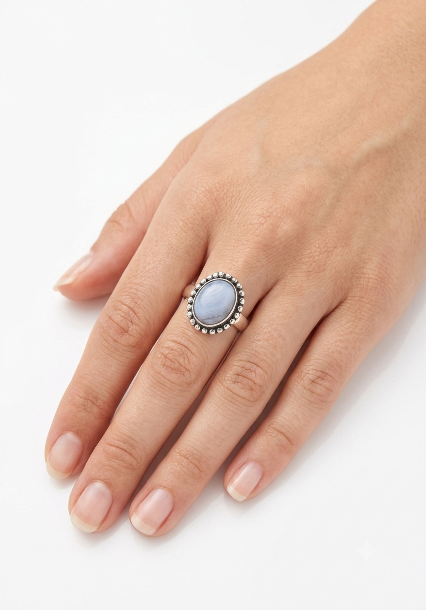 Sterling silver blue lace agate ring, view 2