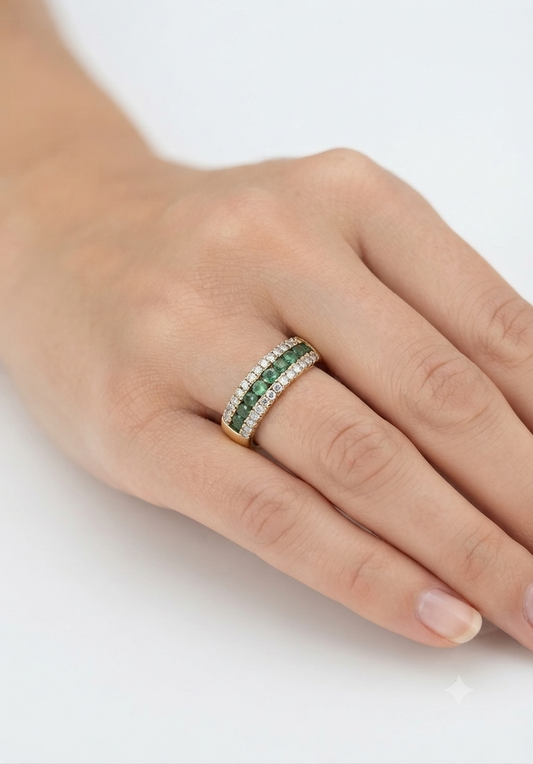 14K gold emerald and diamond band, view 2