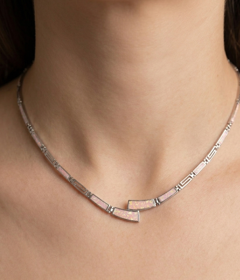 Sterling silver pink opal necklace, view 2