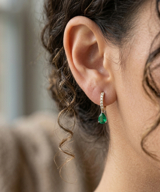 14K yellow gold pear shaped emerald and diamond earrings, view 2
