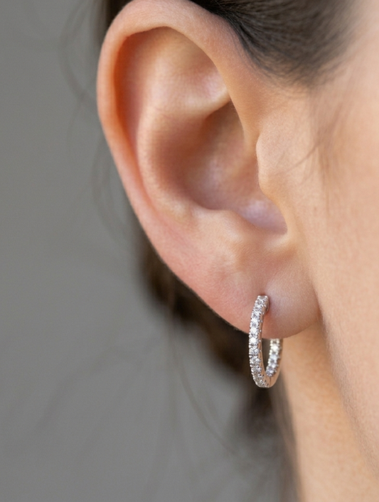 Platinum in/out diamond hoop earrings, view 2