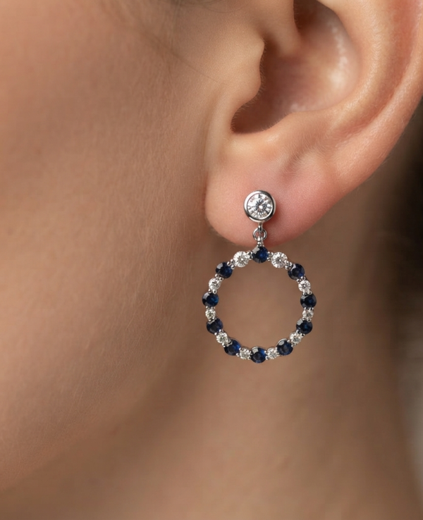 14K gold diamond and sapphire earrings, view 2