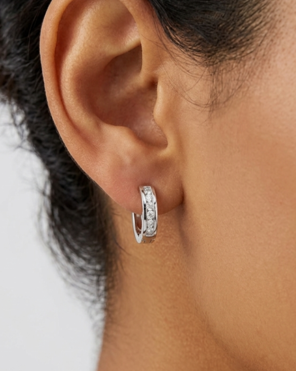 Sterling silver moissanite huggie earrings, view 2