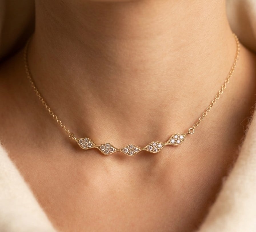 14K gold diamond geometric bar necklace, view 2
