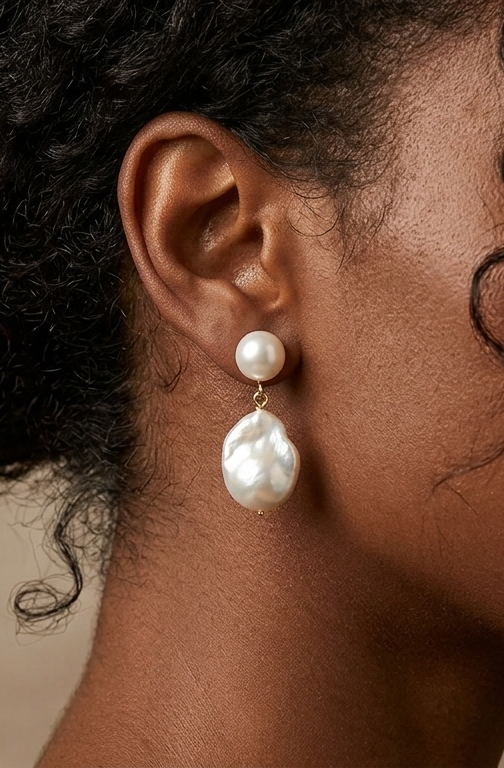 14K gold baroque pearl earrings, view 2