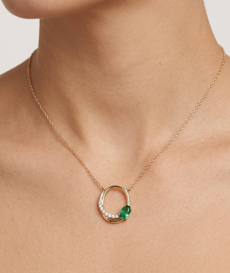 14K gold emerald and diamond station necklace, view 2
