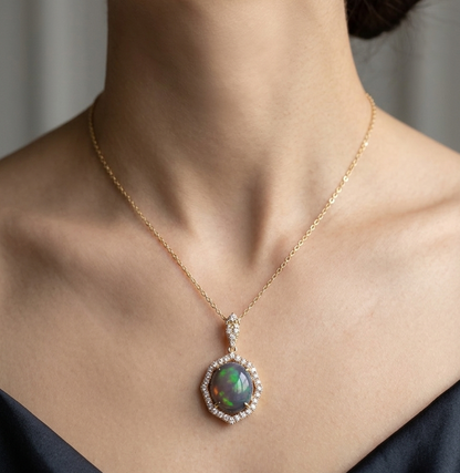 14K gold jelly opal and diamond necklace, view 3
