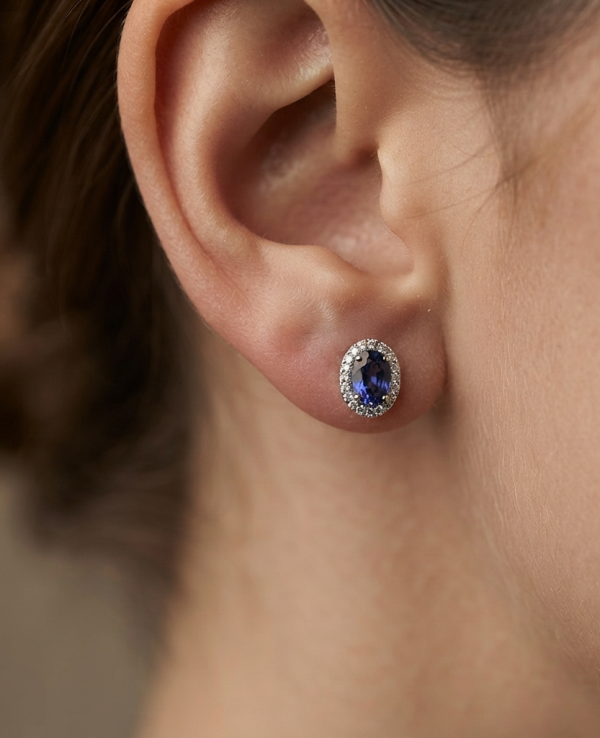 18K gold blue sapphire and diamond halo earrings, view 2
