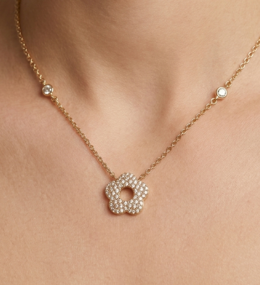 Gold plated cubic zirconia pave flower necklace, view 2