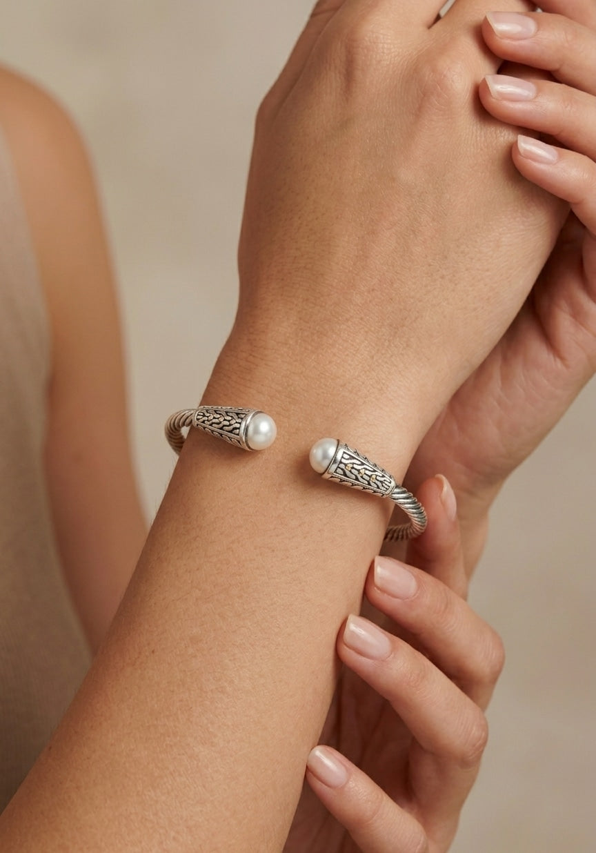Sterling silver and 18K pearl bangle, view 2
