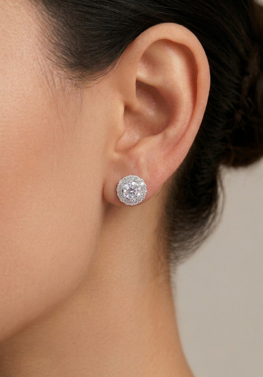 Sterling silver moissanite halo earrings, view 2