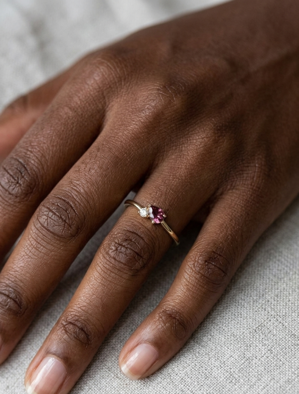 10K gold lab grown diamond and pink tourmaline ring, view 2