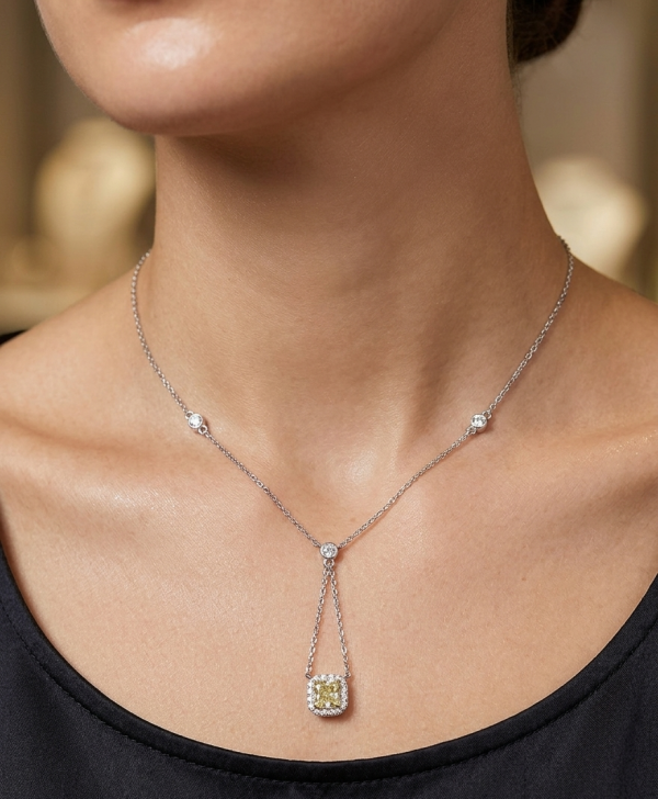 14K gold yellow diamond halo lariat necklace, view 2