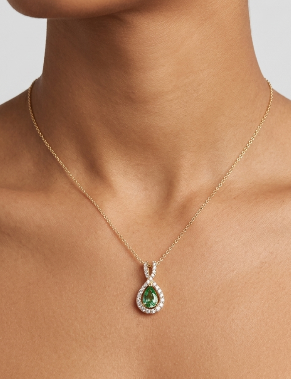 14K gold emerald necklace with diamond halo, view 2