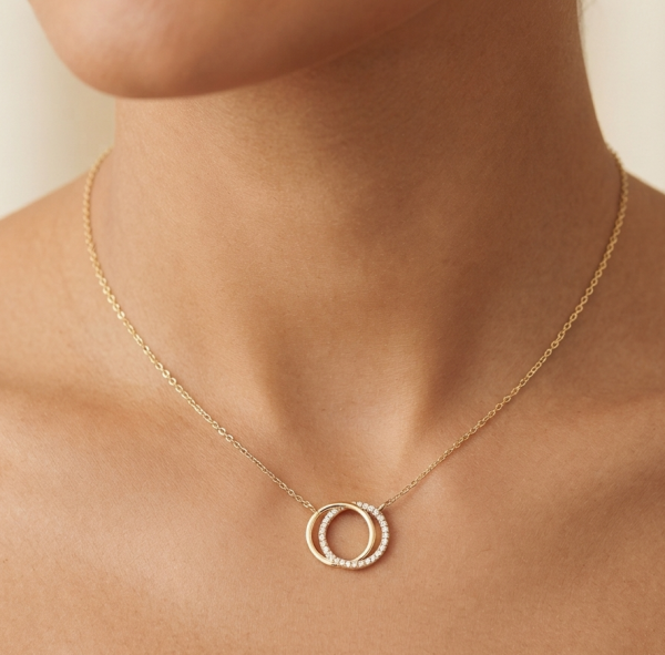 14K gold double circle diamond necklace, view 2