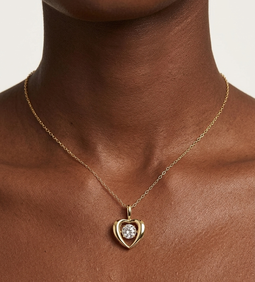 Gold plated sterling silver lab grown diamond heart movement necklace, view 2