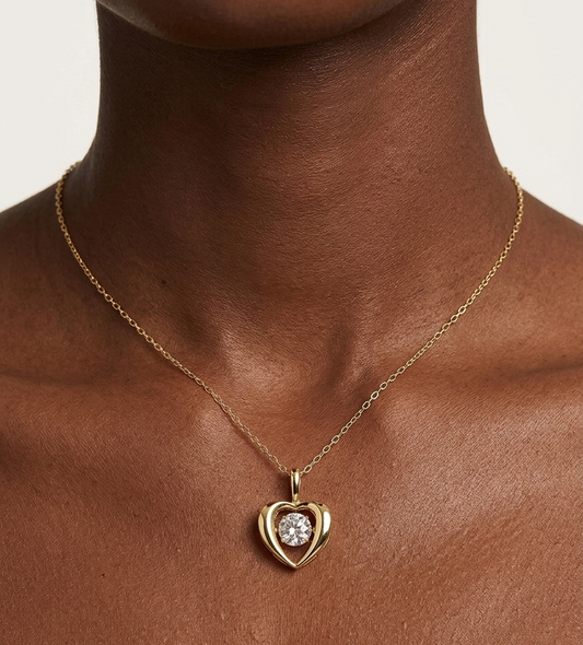 Gold plated sterling silver lab grown diamond heart movement necklace, view 2