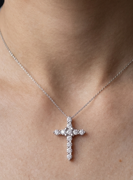 14K gold diamond cross necklace, view 2
