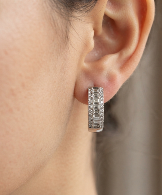 14K gold three row diamond huggie hoops, view 2