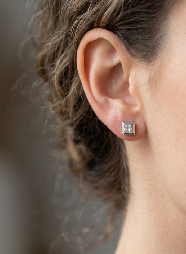 14K gold princess cut diamond stud earrings, view 2
