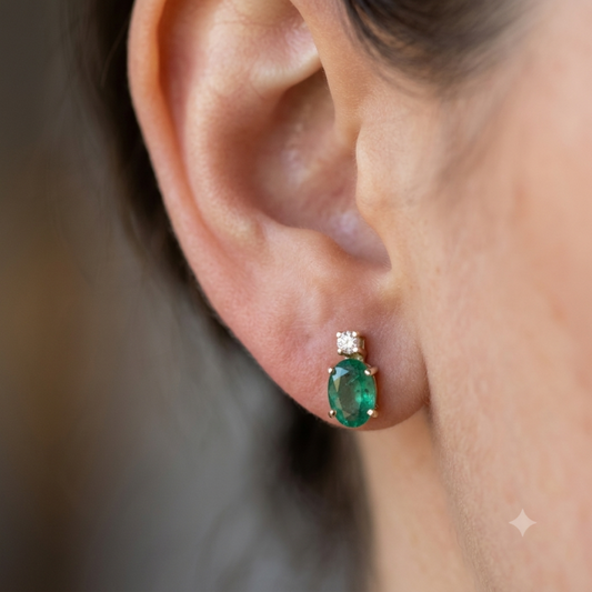 14K yellow gold emerald and diamond stud earrings, view 2